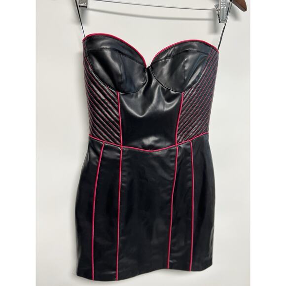 Zara Woman Faux leather Corset Mini dress Black Pink Trim Small Gothic Clubwear - Picture 4 of 11